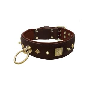 Motif with very impressive 10mm gold metal studs, featuring a square meander shield and small metal pyramids with leather backing – KD01086/75/50/BR/08