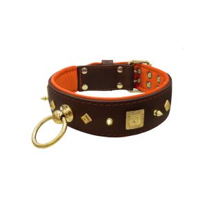 Motif with very impressive 10mm gold metal studs, featuring a square meander shield and small metal pyramids with leather backing – KD01086/75/50/BR/11