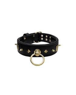 Motif with very impressive 10mm gold metal studs, featuring a square meander shield and small metal pyramids with leather backing - KD01086/80/50/BK/01