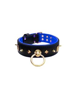 Motif with very impressive 10mm gold metal studs, featuring a square meander shield and small metal pyramids with leather backing - KD01086/80/50/BK/03