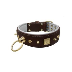 Motif with very impressive 10mm gold metal studs, featuring a square meander shield and small metal pyramids with leather backing – KD01086/80/50/BR/02