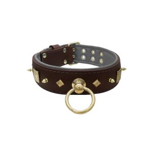 Motif with very impressive 10mm gold metal studs, featuring a square meander shield and small metal pyramids with leather backing – KD01086/80/50/BR/12