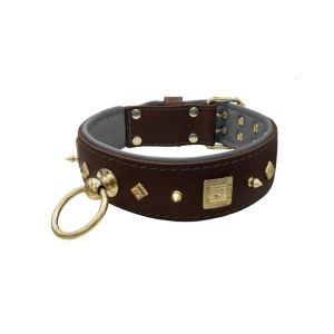 Motif with very impressive 10mm gold metal studs, featuring a square meander shield and small metal pyramids with leather backing – KD01086/80/50/BR/12