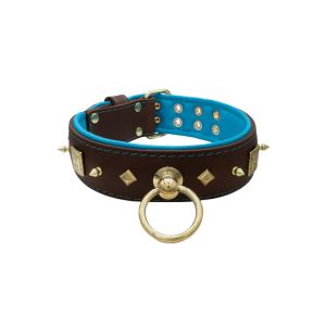 Motif with very impressive 10mm gold metal studs, featuring a square meander shield and small metal pyramids with leather backing – KD01086/80/50/BR/14
