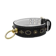 Motif with very impressive metal elements, oval black gemstone, and round carved stones, with carved diamonds and leather backing – KD01088/70/50/BK/02