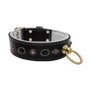 Motif with very impressive metal elements, oval black gemstone, and round carved stones, with carved diamonds and leather backing – KD01088/70/50/BK/02