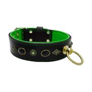 Motif with very impressive metal elements, oval black gemstone, and round carved stones, with carved diamonds and leather backing – KD01088/70/50/BK/05