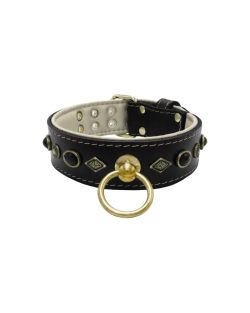 Motif with very impressive metal elements, oval black gemstone, and round carved stones, with carved diamonds and leather backing - KD01088/70/50/BK/09