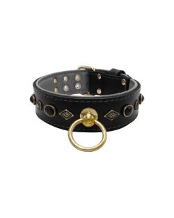 Motif with very impressive metal elements, oval black gemstone, and round carved stones, with carved diamonds and leather backing - KD01088/70/50/BK/12