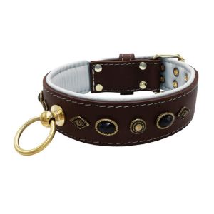 Motif with very impressive metal elements, oval black gemstone, and round carved stones, with carved diamonds and leather backing – KD01088/70/50/BR/02