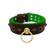 Motif with very impressive metal elements, oval black gemstone, and round carved stones, with carved diamonds and leather backing – KD01088/70/50/BR/05