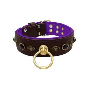 Motif with very impressive metal elements, oval black gemstone, and round carved stones, with carved diamonds and leather backing – KD01088/70/50/BR/07