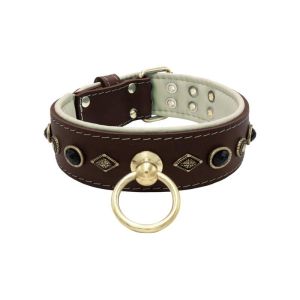 Motif with very impressive metal elements, oval black gemstone, and round carved stones, with carved diamonds and leather backing – KD01088/70/50/BR/09