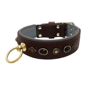 Motif with very impressive metal elements, oval black gemstone, and round carved stones, with carved diamonds and leather backing – KD01088/70/50/BR/12