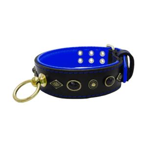 Motif with very impressive metal elements, oval black gemstone, and round carved stones, with carved diamonds and leather backing – KD01088/75/50/BK/03