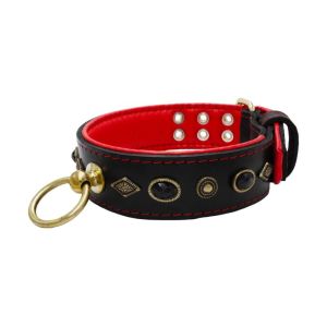 Motif with very impressive metal elements, oval black gemstone, and round carved stones, with carved diamonds and leather backing – KD01088/75/50/BK/04