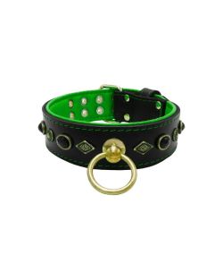 Motif with very impressive metal elements, oval black gemstone, and round carved stones, with carved diamonds and leather backing - KD01088/75/50/BK/05