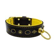 Motif with very impressive metal elements, oval black gemstone, and round carved stones, with carved diamonds and leather backing – KD01088/75/50/BK/06
