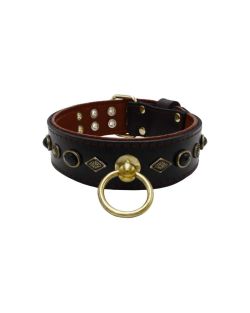 Motif with very impressive metal elements, oval black gemstone, and round carved stones, with carved diamonds and leather backing - KD01088/75/50/BK/08