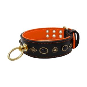 Motif with very impressive metal elements, oval black gemstone, and round carved stones, with carved diamonds and leather backing – KD01088/75/50/BK/11