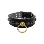 Motif with very impressive metal elements, oval black gemstone, and round carved stones, with carved diamonds and leather backing – KD01088/75/50/BK/12