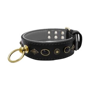 Motif with very impressive metal elements, oval black gemstone, and round carved stones, with carved diamonds and leather backing – KD01088/75/50/BK/12