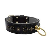 Motif with very impressive metal elements, oval black gemstone, and round carved stones, with carved diamonds and leather backing – KD01088/75/50/BK/12