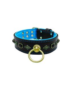 Motif with very impressive metal elements, oval black gemstone, and round carved stones, with carved diamonds and leather backing - KD01088/75/50/BK/14