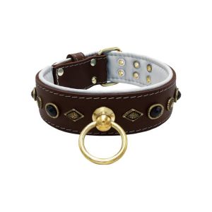 Motif with very impressive metal elements, oval black gemstone, and round carved stones, with carved diamonds and leather backing – KD01088/75/50/BR/02