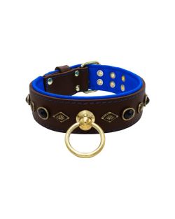 Motif with very impressive metal elements, oval black gemstone, and round carved stones, with carved diamonds and leather backing - KD01088/75/50/BR/03