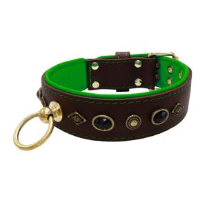 Motif with very impressive metal elements, oval black gemstone, and round carved stones, with carved diamonds and leather backing – KD01088/75/50/BR/05