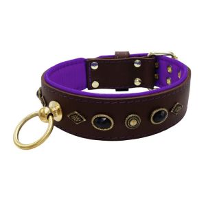 Motif with very impressive metal elements, oval black gemstone, and round carved stones, with carved diamonds and leather backing – KD01088/75/50/BR/07