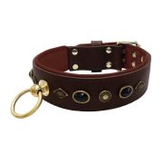 Motif with very impressive metal elements, oval black gemstone, and round carved stones, with carved diamonds and leather backing – KD01088/75/50/BR/08