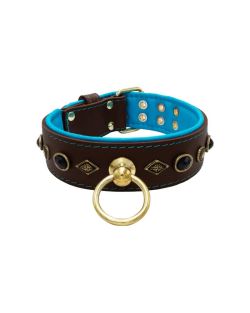 Motif with very impressive metal elements, oval black gemstone, and round carved stones, with carved diamonds and leather backing - KD01088/75/50/BR/14