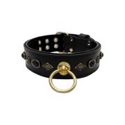 Motif with very impressive metal elements, oval black gemstone, and round carved stones, with carved diamonds and leather backing – KD01088/80/50/BK/01