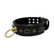 Motif with very impressive metal elements, oval black gemstone, and round carved stones, with carved diamonds and leather backing – KD01088/80/50/BK/01
