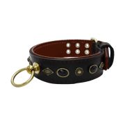 Motif with very impressive metal elements, oval black gemstone, and round carved stones, with carved diamonds and leather backing – KD01088/80/50/BK/08