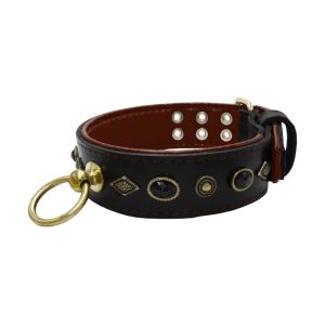 Motif with very impressive metal elements, oval black gemstone, and round carved stones, with carved diamonds and leather backing – KD01088/80/50/BK/08