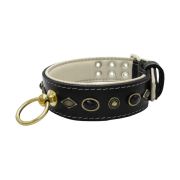 Motif with very impressive metal elements, oval black gemstone, and round carved stones, with carved diamonds and leather backing – KD01088/80/50/BK/09