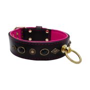 Motif with very impressive metal elements, oval black gemstone, and round carved stones, with carved diamonds and leather backing – KD01088/80/50/BK/13