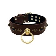 Motif with very impressive metal elements, oval black gemstone, and round carved stones, with carved diamonds and leather backing – KD01088/80/50/BR/01