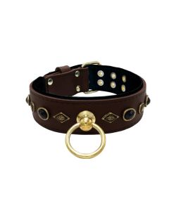 Motif with very impressive metal elements, oval black gemstone, and round carved stones, with carved diamonds and leather backing - KD01088/80/50/BR/01