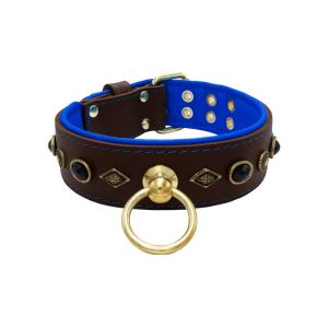 Motif with very impressive metal elements, oval black gemstone, and round carved stones, with carved diamonds and leather backing – KD01088/80/50/BR/03