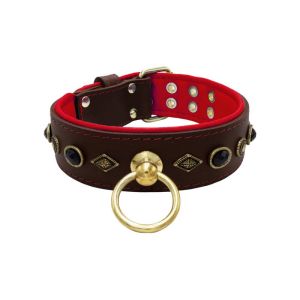 Motif with very impressive metal elements, oval black gemstone, and round carved stones, with carved diamonds and leather backing – KD01088/80/50/BR/04