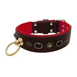 Motif with very impressive metal elements, oval black gemstone, and round carved stones, with carved diamonds and leather backing – KD01088/80/50/BR/04