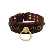 Motif with very impressive metal elements, oval black gemstone, and round carved stones, with carved diamonds and leather backing – KD01088/80/50/BR/08