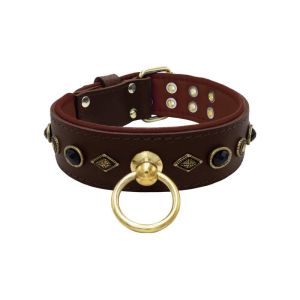 Motif with very impressive metal elements, oval black gemstone, and round carved stones, with carved diamonds and leather backing – KD01088/80/50/BR/08