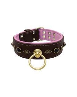 Motif with very impressive metal elements, oval black gemstone, and round carved stones, with carved diamonds and leather backing - KD01088/80/50/BR/10