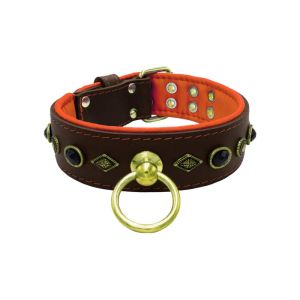 Motif with very impressive metal elements, oval black gemstone, and round carved stones, with carved diamonds and leather backing – KD01088/80/50/BR/11