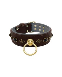 Motif with very impressive metal elements, oval black gemstone, and round carved stones, with carved diamonds and leather backing - KD01088/80/50/BR/12
